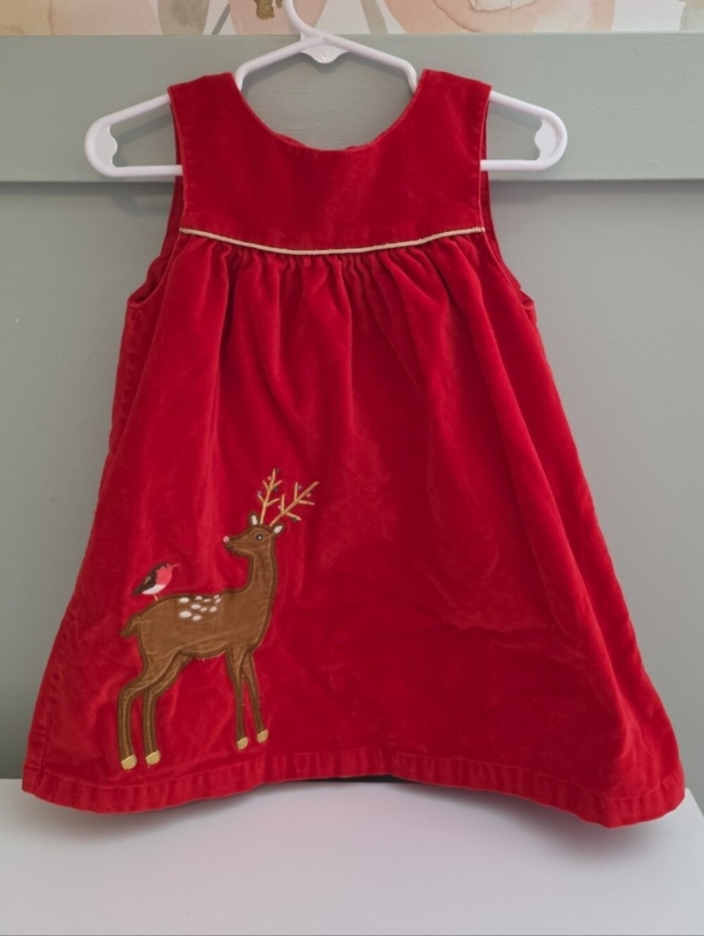 Baby boden 18-24 months red velvet Rudolph reindeer pinafore dress